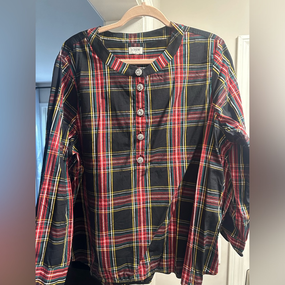 Tartan cotton poplin top with jewel buttons